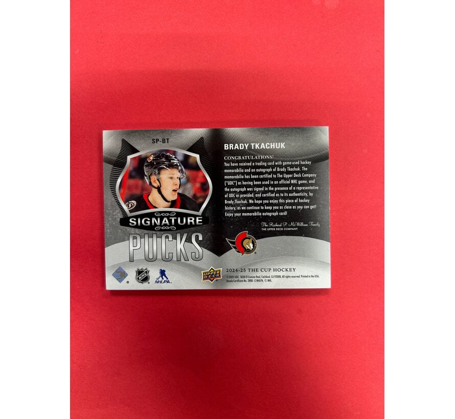 2024-25 UPPER DECK THE CUP BRADY TKACHUK SIGNATURE PUCKS /25