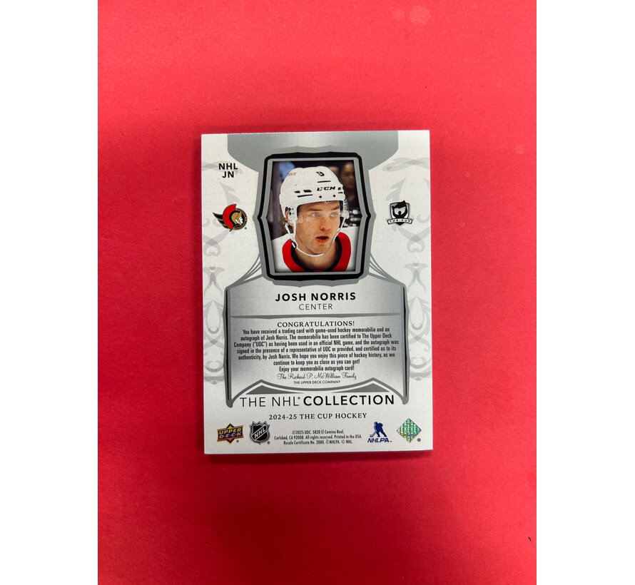 2024-25 UPPER DECK THE CUP JOSH NORRIS NHL COLLECTION PATCH AUTO /25