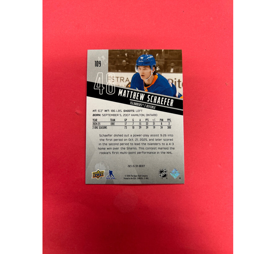 2025-26 UPPER DECK SPX MATTHEW SCHAEFER ROOKIE