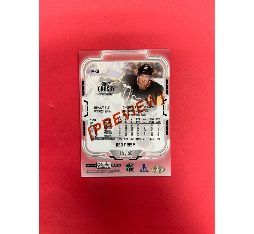 2025-26 O-PEE-CHEE SIDNEY CROSBY PLATINUM PREVIEWS RED PRISM /50