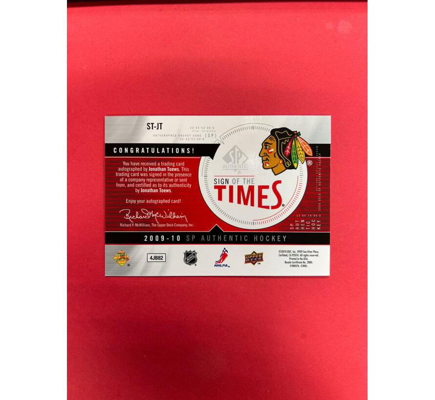2009-10 UPPER DECK SP AUTHENTIC JONATHAN TOEWS SIGN OF THE TIMES