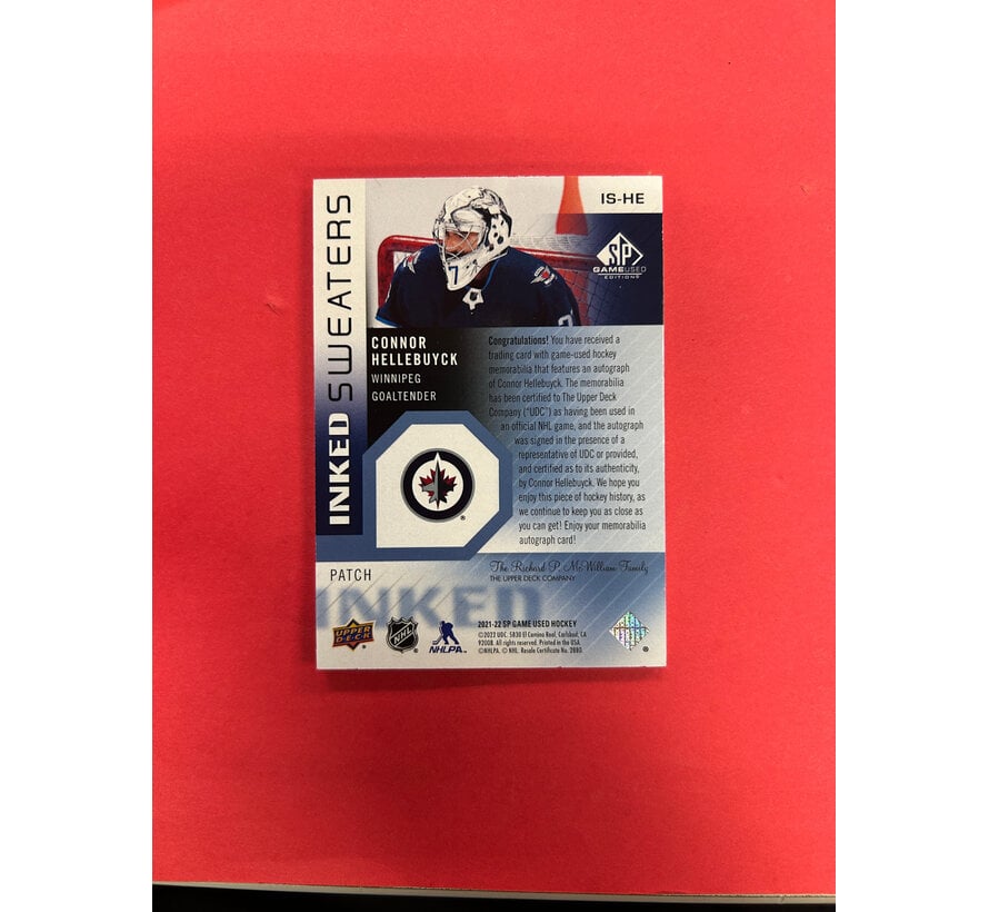 2021-22 SP GAME USED CONNOR HELLEBUYCK INKED SWEATERS PATCH AUTO /15