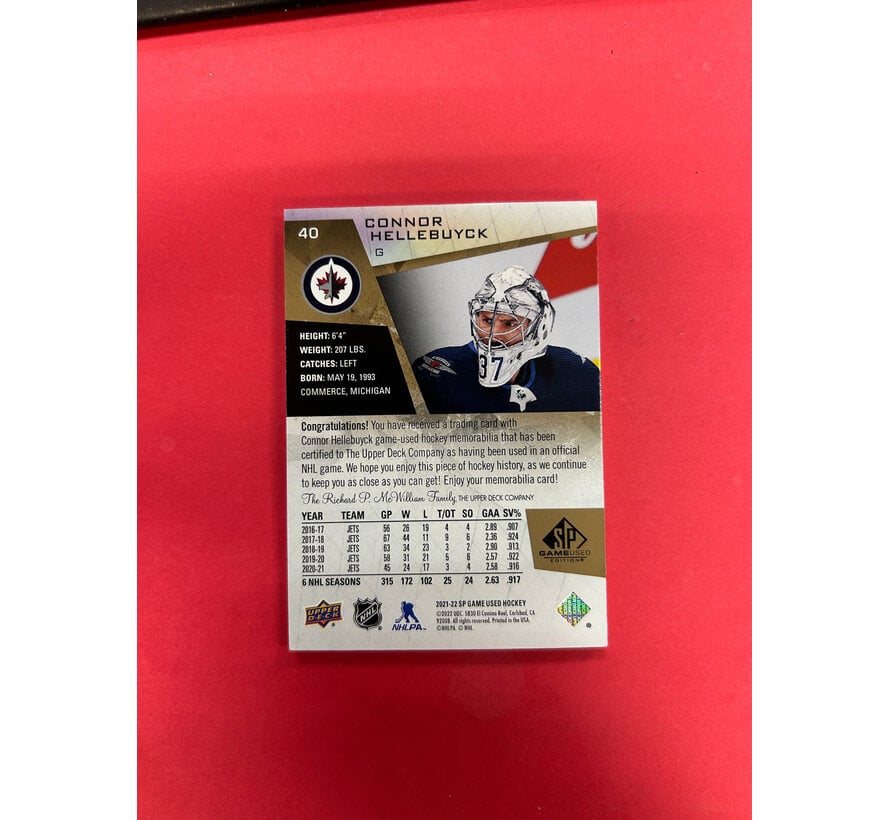 2021-22 UPPER DECK SP GAME USED CONNOR HELLEBUYCK PREMIUM GOLD PATCH /25