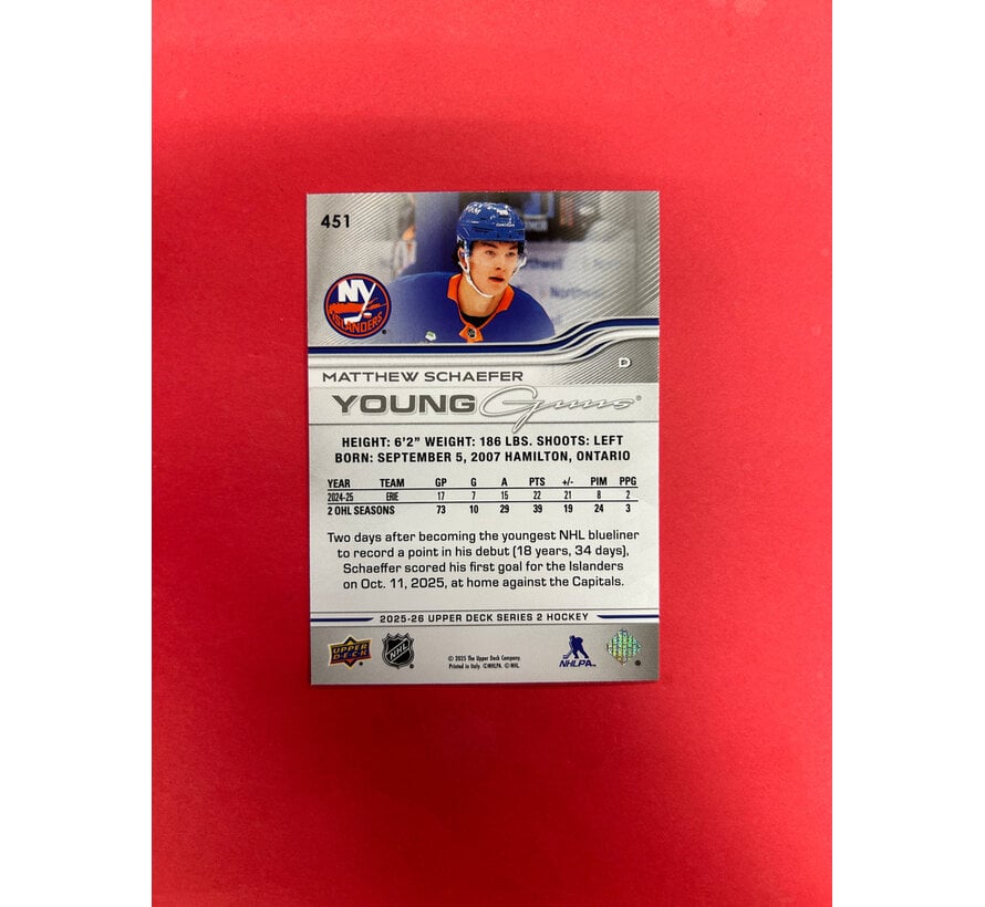 2025-26 UPPER DECK SERIES 2 MATTHEW SCHAEFER YOUNG GUNS