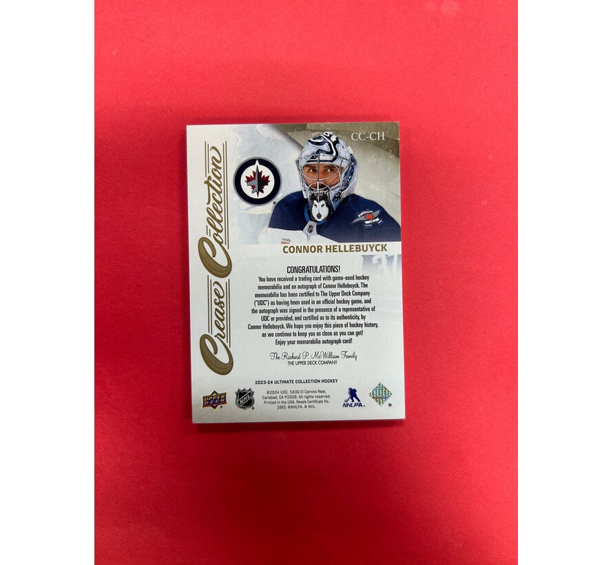 2023-24 UPPER DECK ULTIMATE COLLECTION CONNOR HELLEBUYCK CREASE COLLECTION PATCH AUTO /35