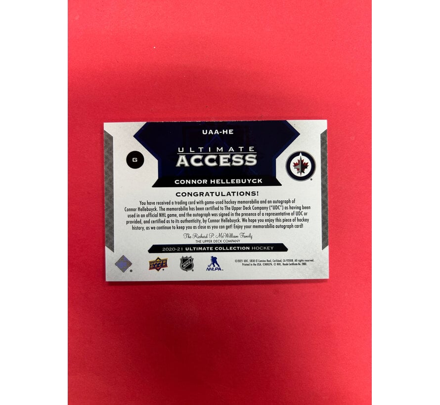 2020-21 UPPER DECK ULTIMATE CONNOR HELLEBUYCK ACCESS JERSEY AUTO /65