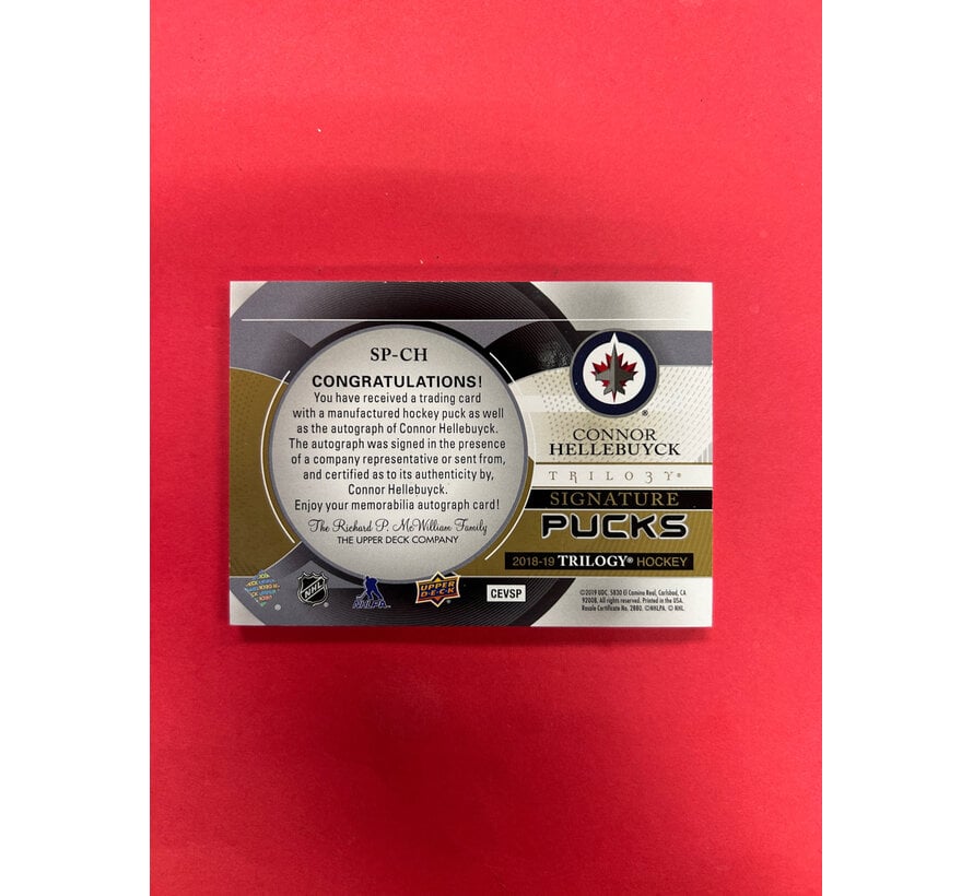 2018-19 UPPER DECK TRILOGY CONNOR HELLEBUYCK SIGNATURE PUCKS
