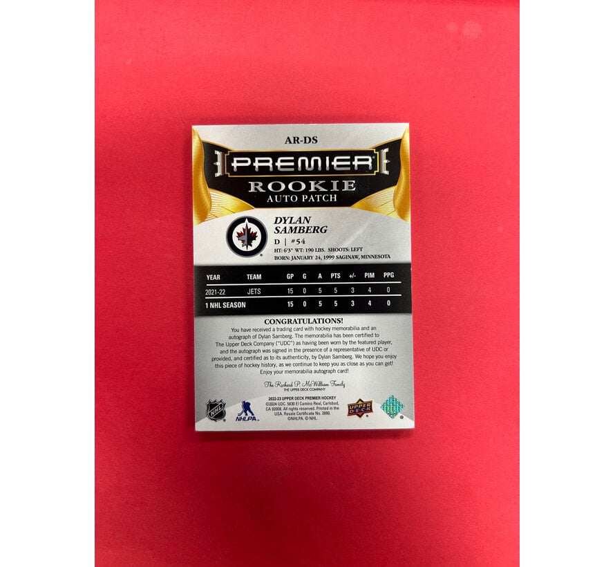 2022-23 UPPER DECK PREMIER DYLAN SAMBERG PREMIER AUTO PATCH /249