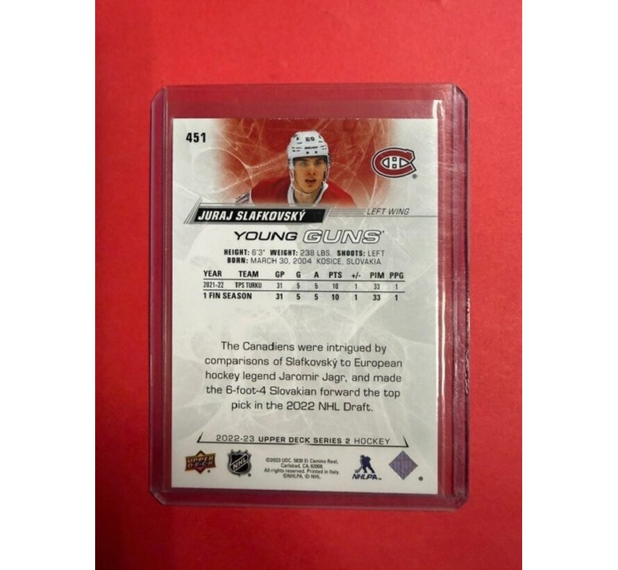 2022-23 UPPER DECK SERIES 2 YOUNG GUNS JURAJ SLAFKOVSKY #451