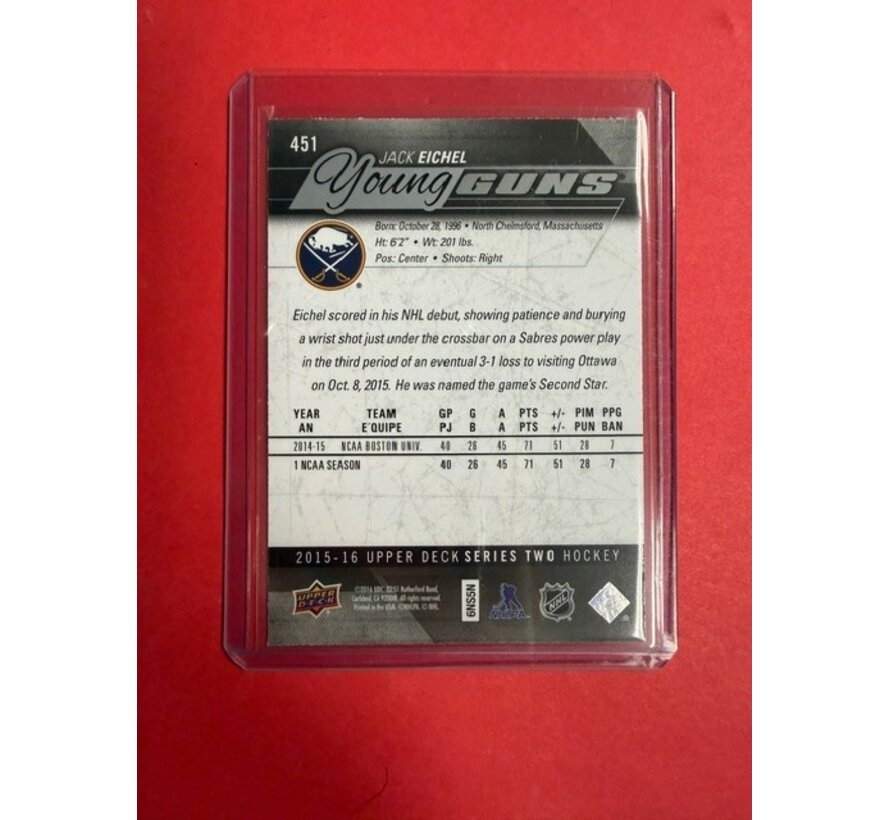 2015-16 UPPER DECK SERIES 2 YOUNG GUNS JACK EICHEL #451