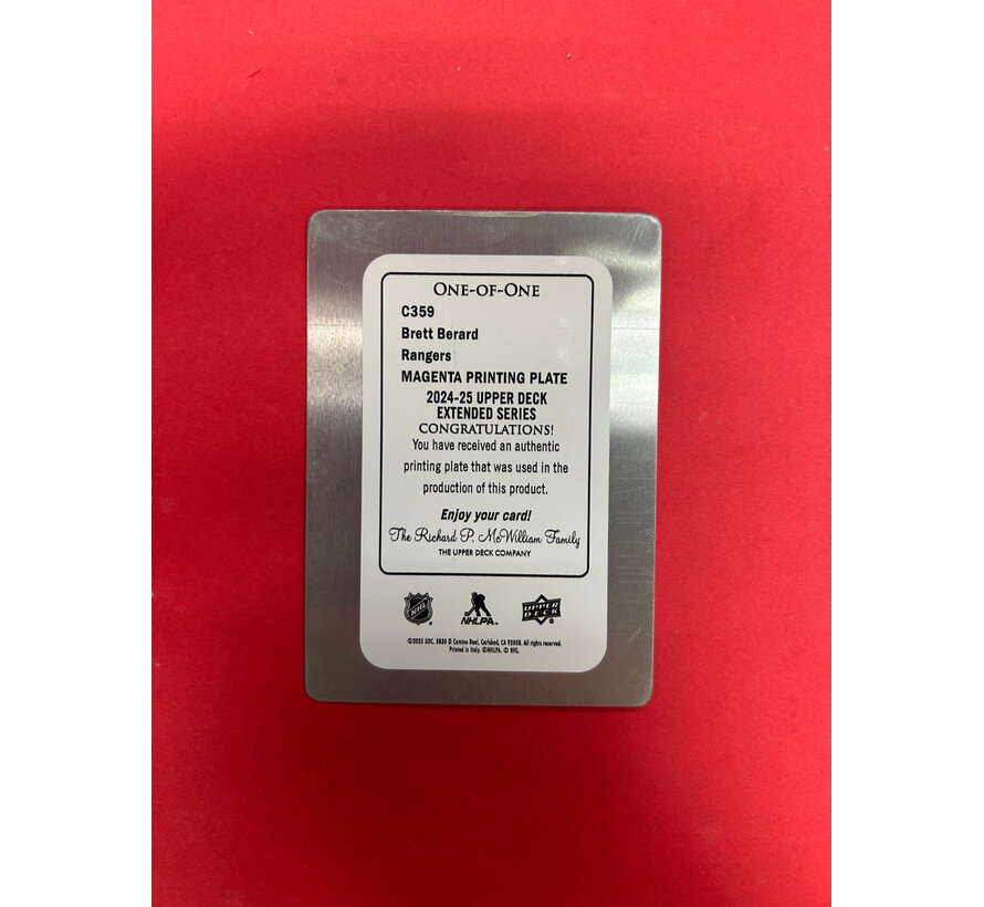 2024-25 UPPER DECK EXTENDED BRETT BERARD YOUNG GUNS CANVAS PRINTING PLATE MAGENTA 1/1