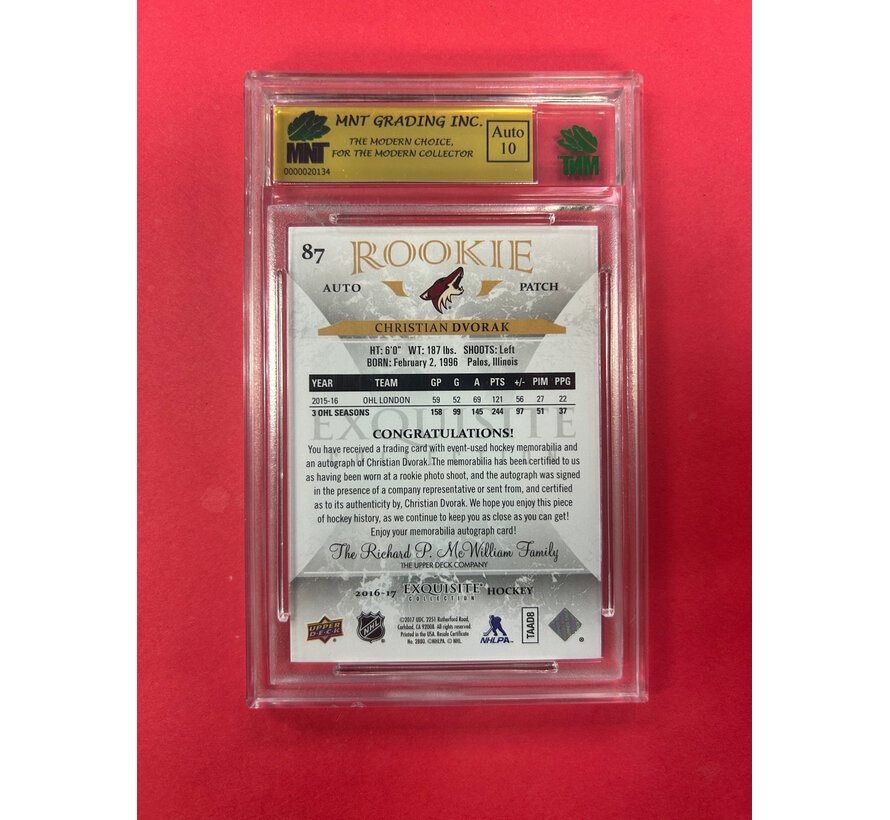 2016-17 UPPER DECK EXQUISITE CHRISTIAN DVORAK ROOKIE AUTO PATCH /18 MNT GRADED 9