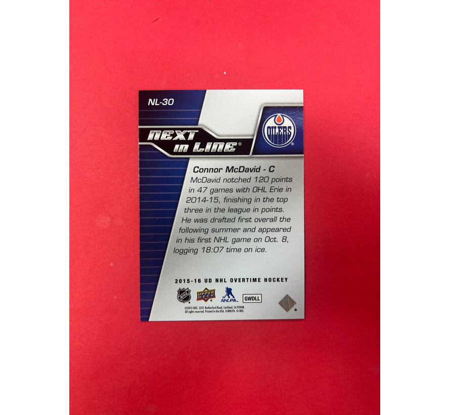 2015-16 UPPER DECK OVERTIME CONNOR MCDAVID NEXT IN LINE ROOKIE