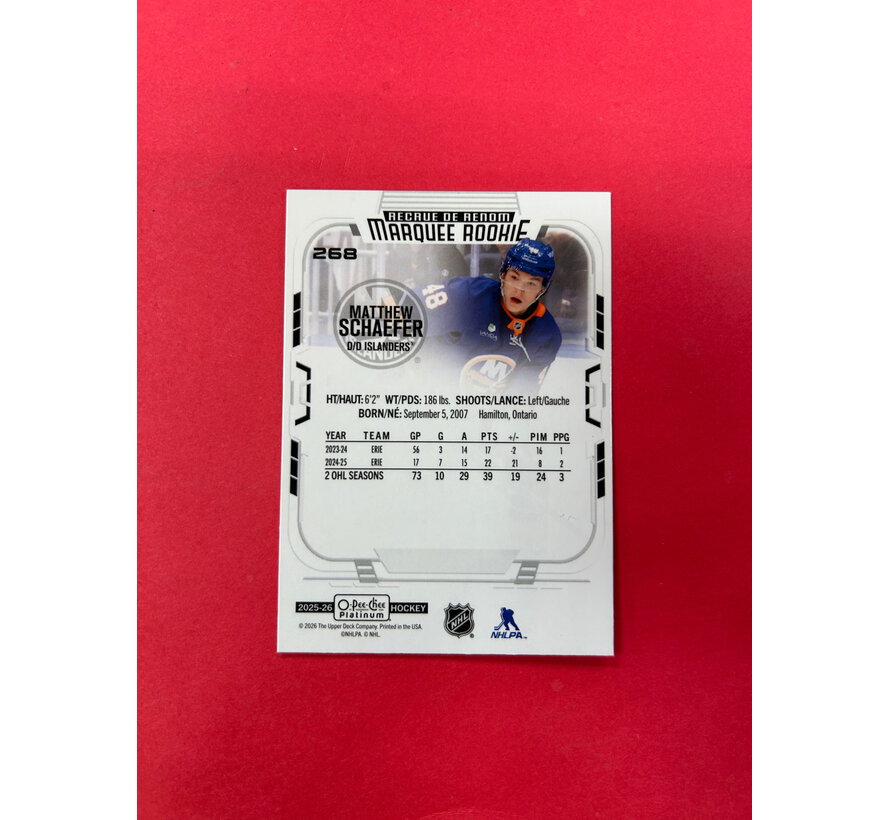2025-26 OPC PLATINUM MATTHEW SCHAEFER MARQUEE ROOKIES