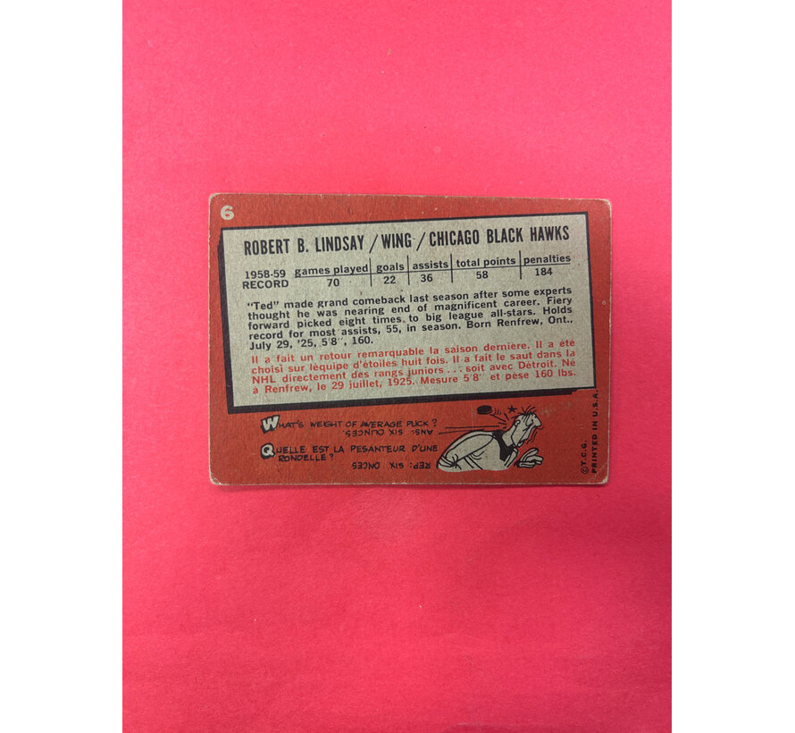 1959-60 O-PEE-CHEE TED LINDSAY #6