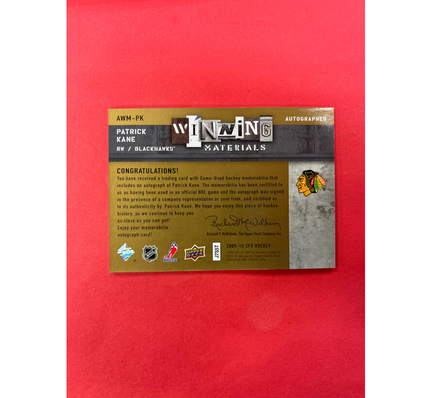 2009-10 UPPER DECK SPX PATRICK KANE WINNING MATERIALS JERSEY AUTO /50