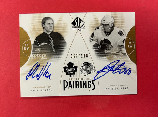 UPPER DECK 2009-10 SP AUTHENTIC PATRICK KANE / PHIL KESSEL PRESTIGIOUS PAIRINGS DUAL AUTO /100