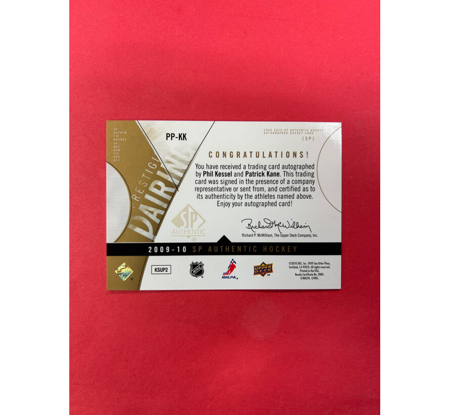 2009-10 SP AUTHENTIC PATRICK KANE / PHIL KESSEL PRESTIGIOUS PAIRINGS DUAL AUTO /100