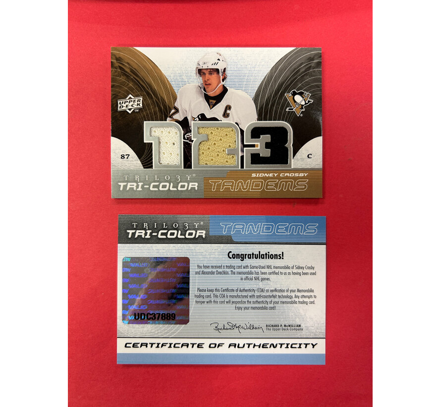 2008-09 UPPER DECK TRILOGY TRI COLOUR TANDEMS CROSBY/OVECHKIN WITH COA