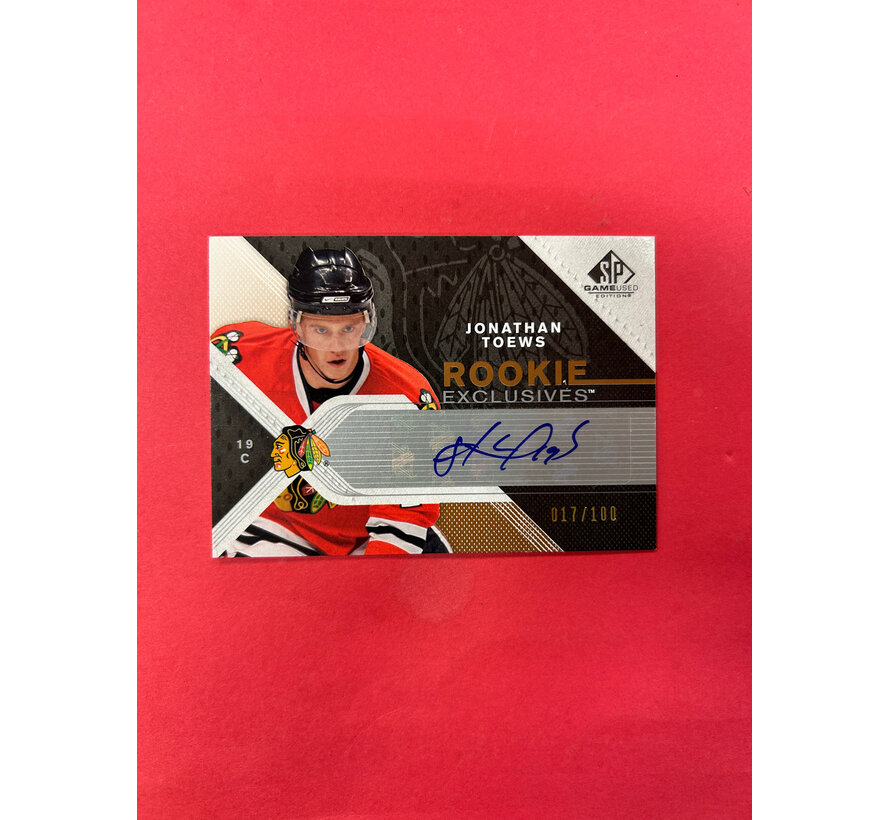2007-08 UPPER DECK SP GAME USED JONATHAN TOEWS ROOKIE EXCLUSIVES AUTO /100
