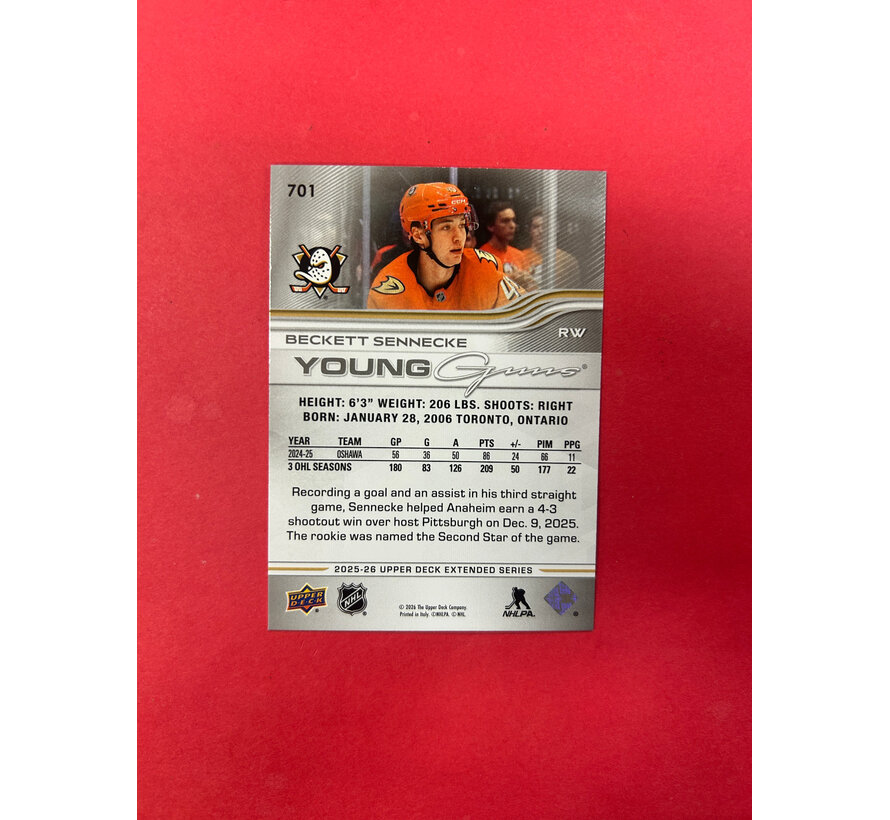 2025-26 UPPER DECK EXTENDED BECKETT SENNECKE YOUNG GUNS
