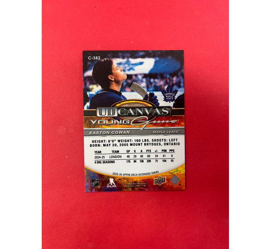 2025-26 UPPER DECK EXTENDED EASTON COWAN YOUNG GUNS CANVAS