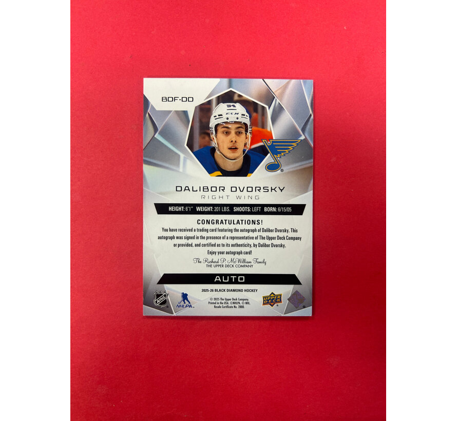 2025-26 UPPER DECK BLACK DIAMOND DALIBOR DVORSKY DIAMOND FUTURES AUTO /35
