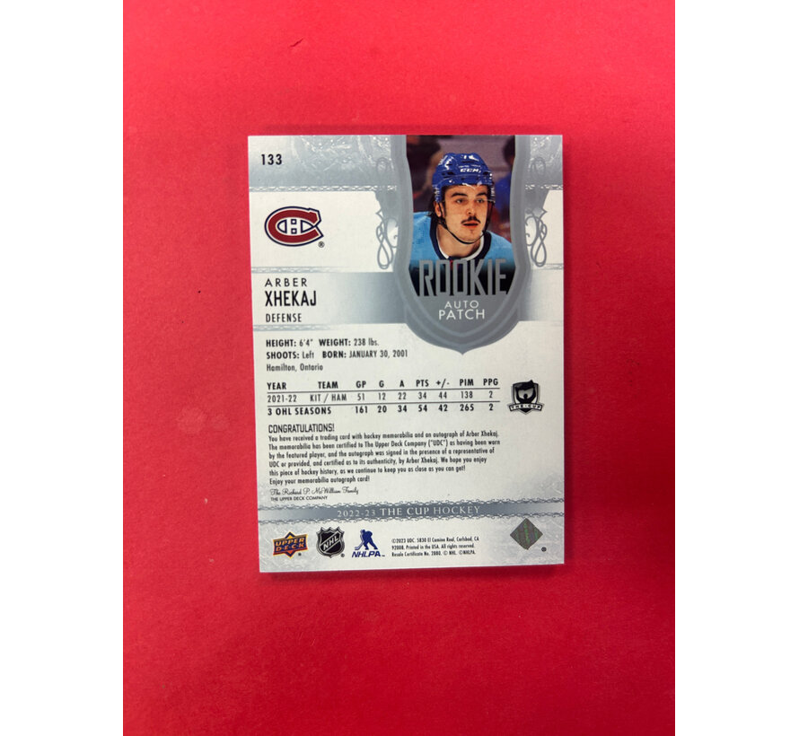 2022-23 UPPER DECK THE CUP ARBER XHEKAJ CUP ROOKIE PATCH AUTO /249