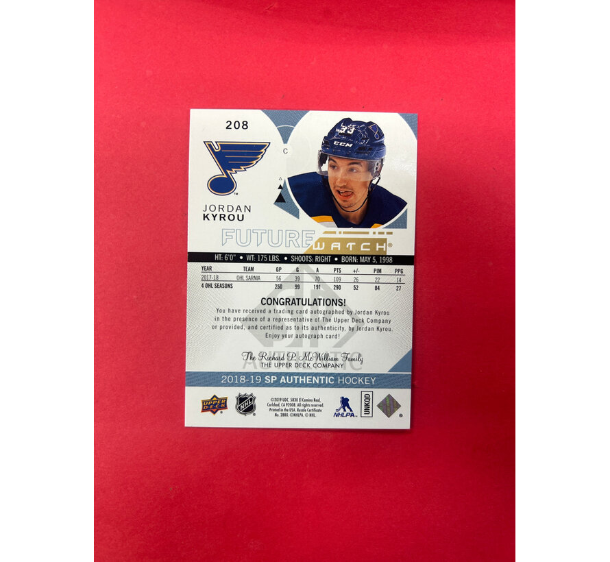 2018-19 SP AUTHENTIC JORDAN KYROU FUTURE WATCH AUTOGRAPH /999