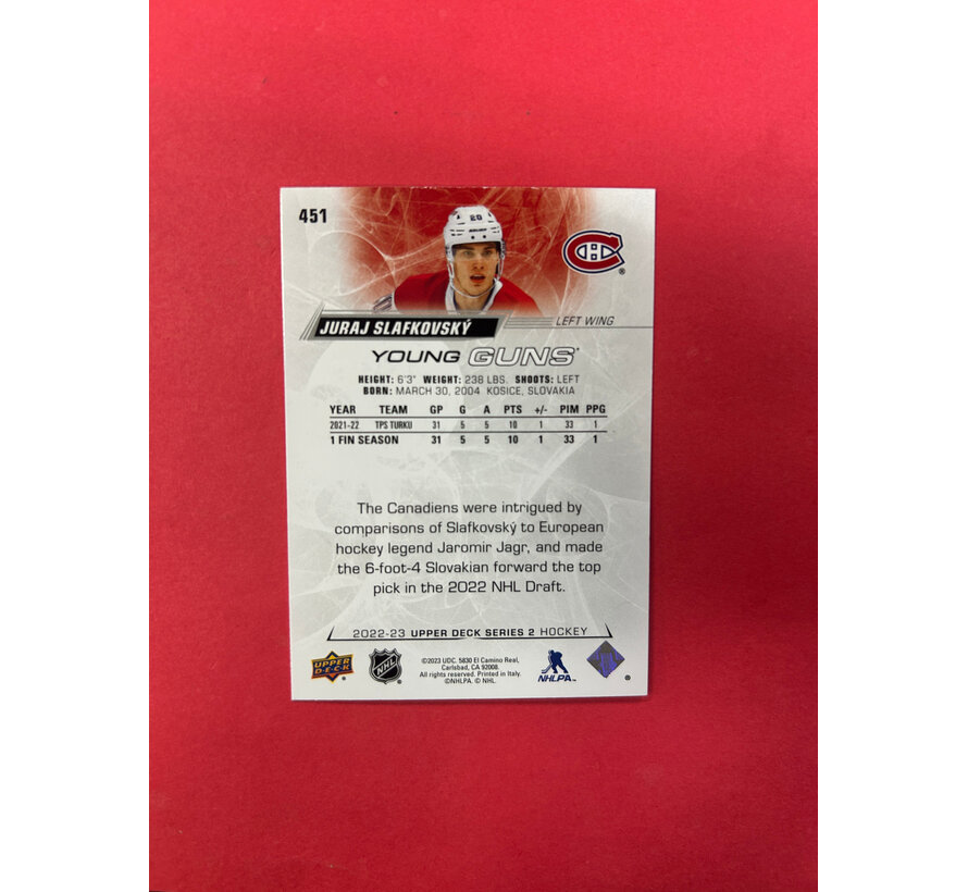 2022-23 UPPER DECK SERIES 2 JURAJ SLAFKOVSKY YOUNG GUNS