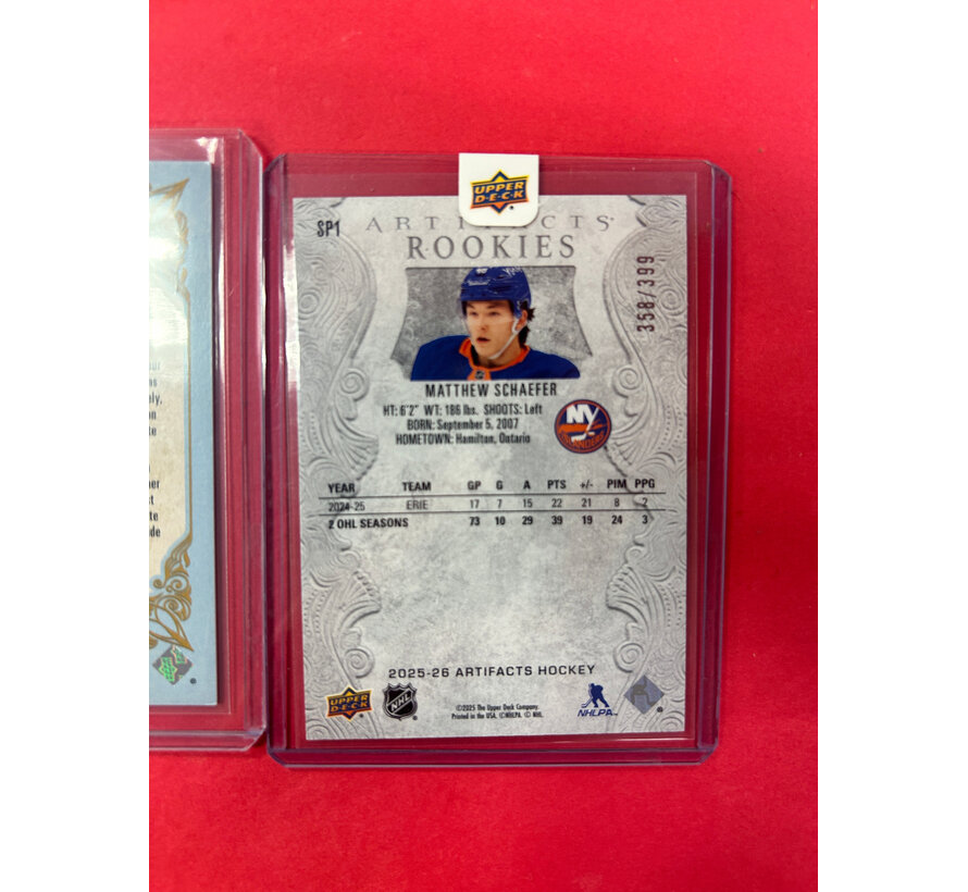 2025-26 UPPER DECK ARTIFACTS MATTHEW SCHAEFER SP1 REDEMPTION