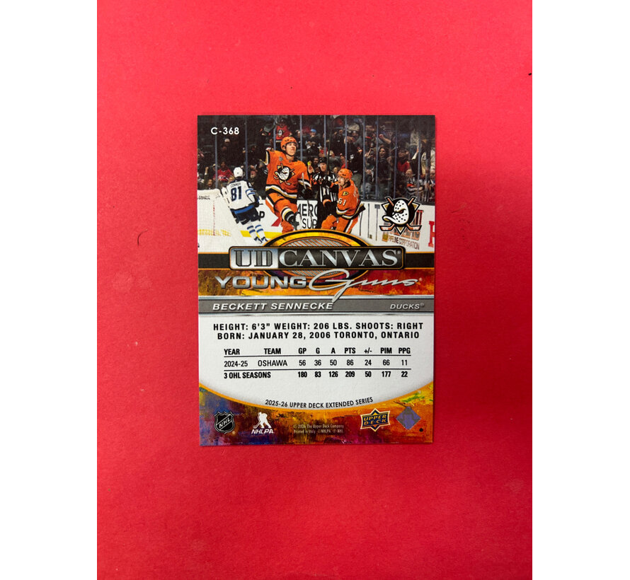 2025-26 UPPER DECK EXTENDED BECKETT SENNECKE YOUNG GUNS CANVAS
