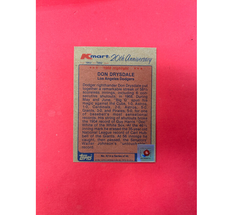 1982 TOPPS KMART DON DRYSDALE AUTOGRAPHED
