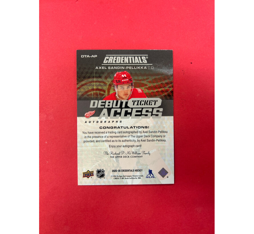 2025-26 UPPER DECK CREDENTIALS AXEL SANDIN PELLIKA DEBUT TICKET ACCESS AUTO /199