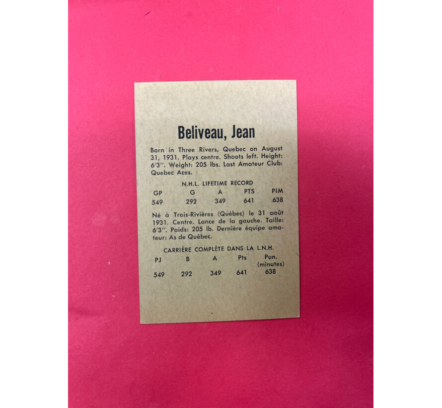 1962-63 PARKHURST JEAN BELIVEAU #39 ROUGH