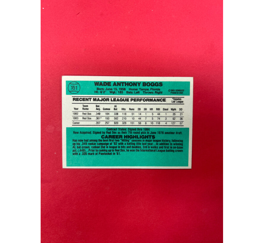 1984 DONRUSS WADE BOGGS AUTOGRAPHED
