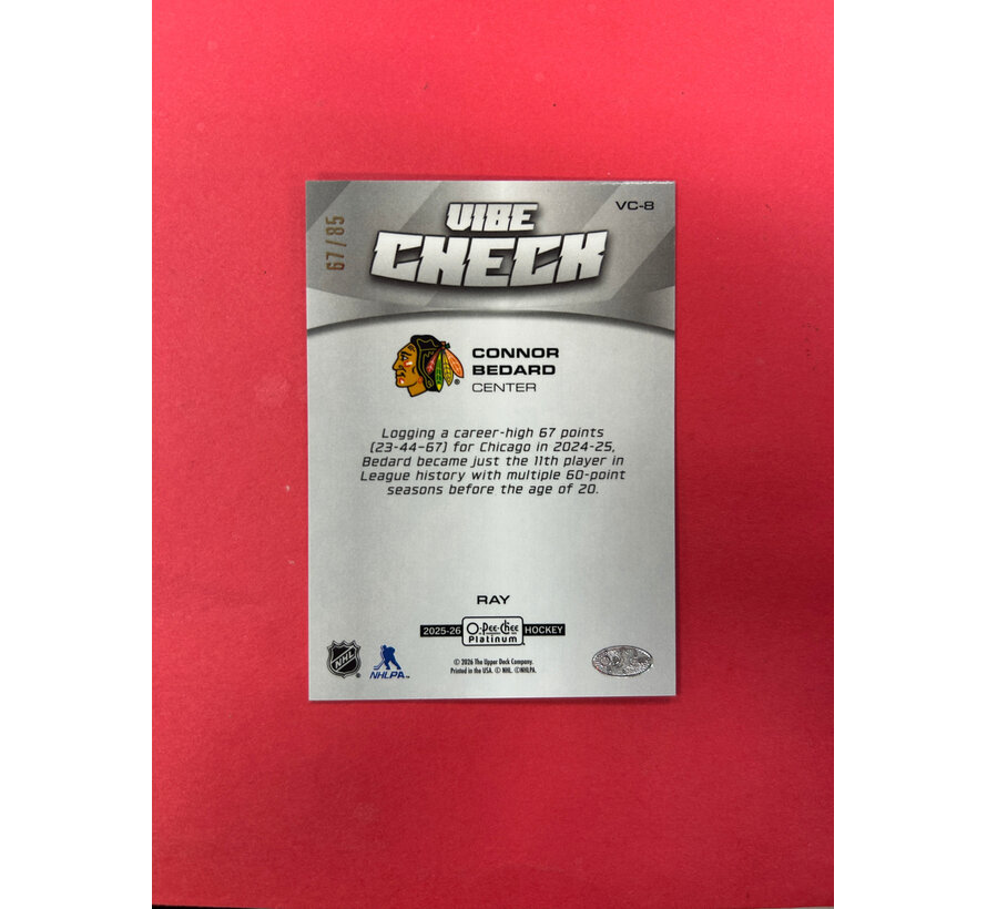 2025-26 OPC PLATINUM CONNOR BEDARD VIBE CHECK RAVE /85