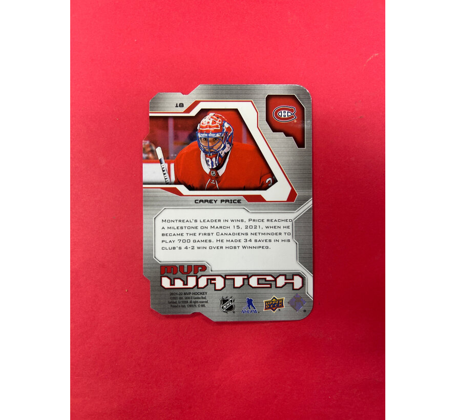 2021-22 UPPER DECK MVP CAREY PRICE  MVPWATCH SPECTRUM /20