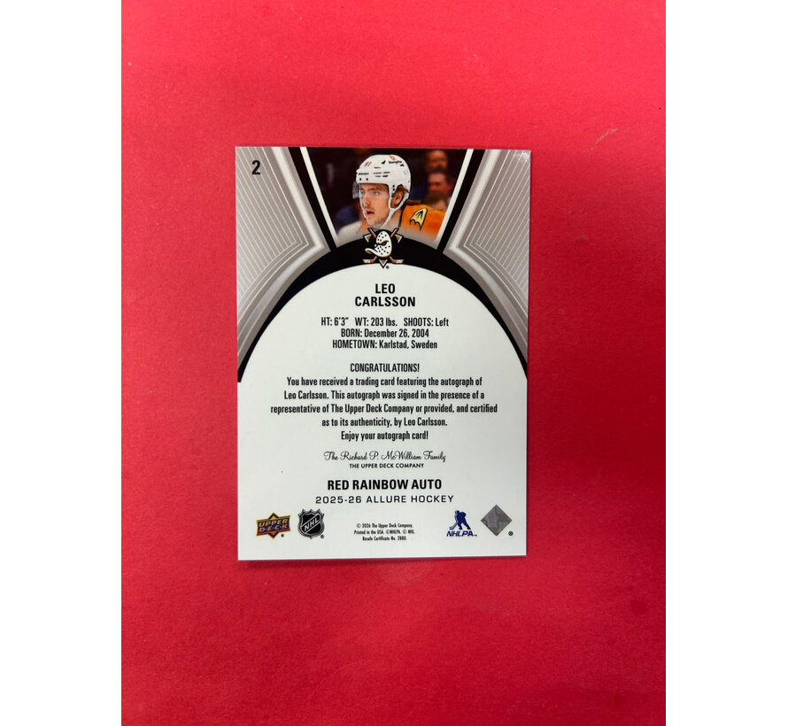 2025-26 UPPER DECK ALLURE LEO CARLSSON RED RAINBOW AUTO