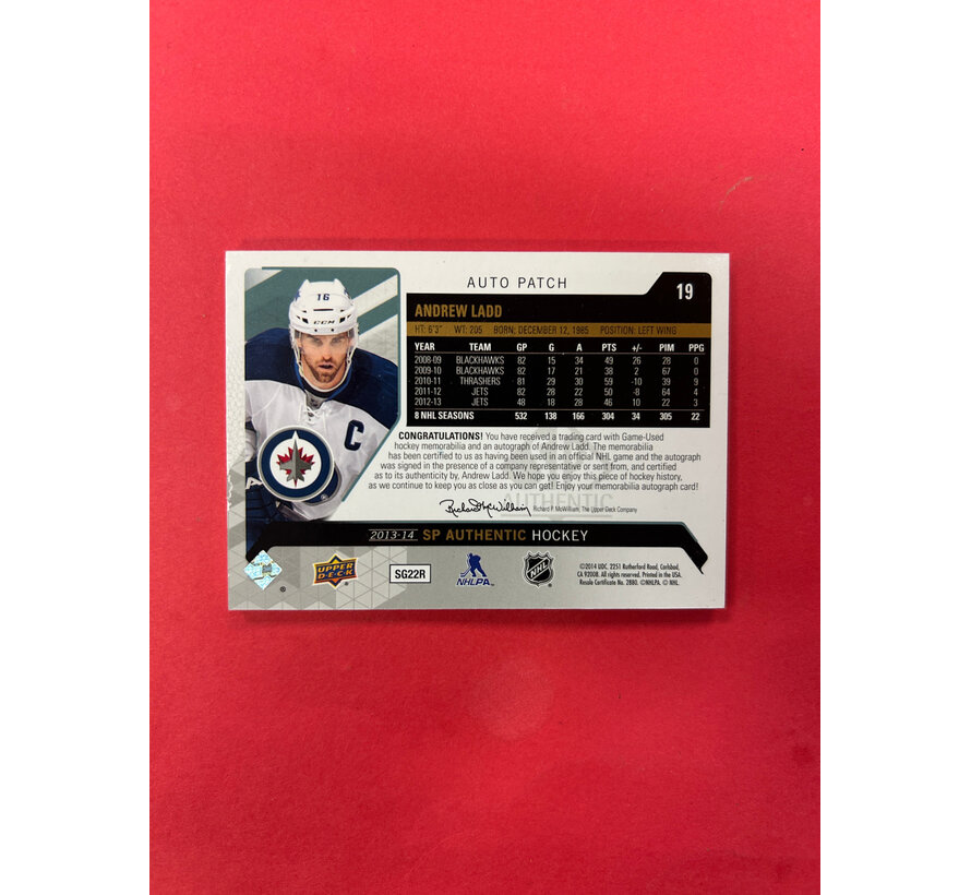 2013-14 SP AUTHENTIC AUTO PATCH ANDREW LADD /100 #19 WING PATCH