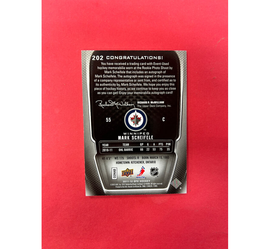 2011-12 UPPER DECK SPX ROOKIE JERSEY AUTOGRAPH MARK SCHEIFELE /499 #202