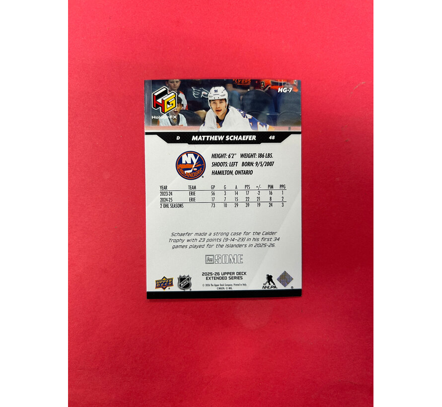 2025-26 UPPER DECK EXTENDED MATTHEW SCHAEFER HOLOGRFX AU-SOME #HG-7