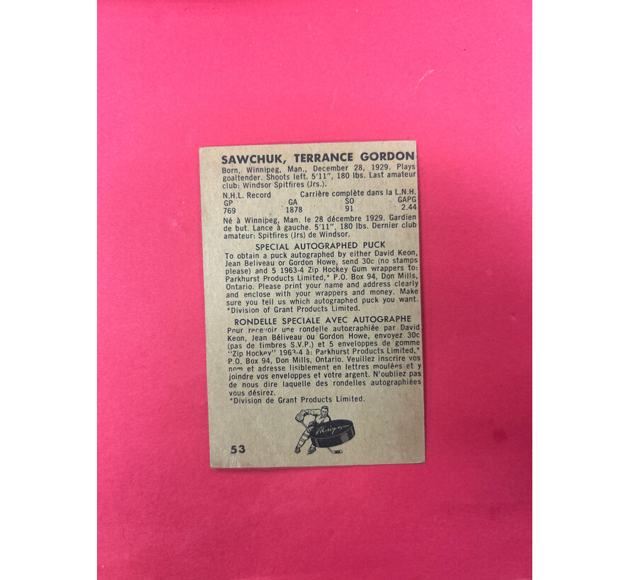1963-64 PARKHURST TERRY SAWCHUK #53