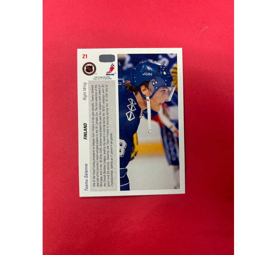 1991 UPPER DECK TEEMU SELANNE AUTOGRAPHED WITH NUMBER #13