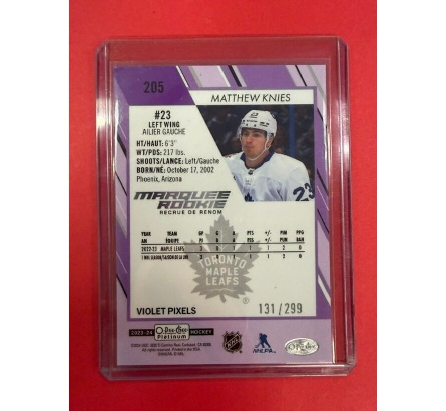 2023-24 UPPER DECK OPC PLATINUM VIOLET PIXELS MARQUEE ROOKIE MATTHEW KNIES /299 #205