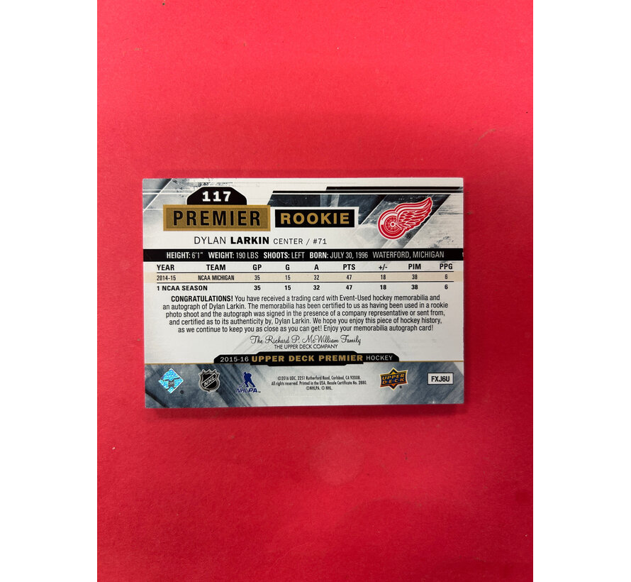 2015-16 UPPER DECK PREMIER DYLAN LARKIN PREMIER ROOKIE PATCH AUTO /199