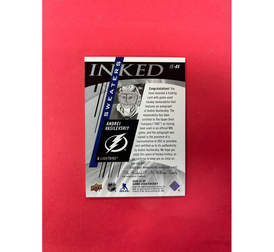 2020-21 SP GAME USED ANDREI VASILEVSKIY INKED SWEATERS /25