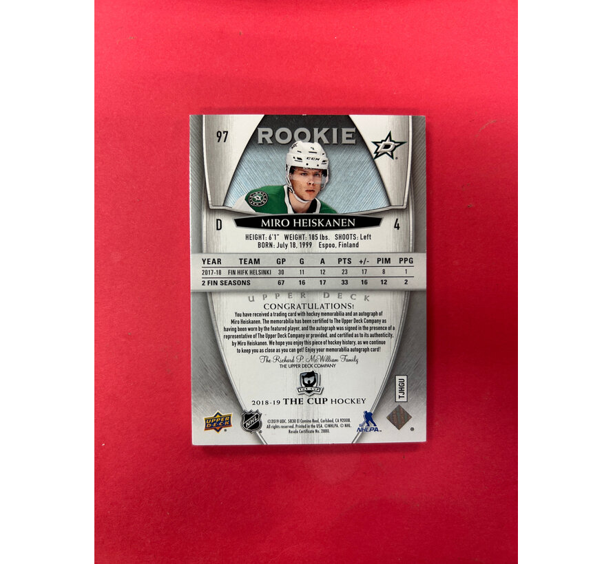 2018-19 UPPER DECK THE CUP MIRO HEISKANEN CUP ROOKIE PATCH AUTO /249