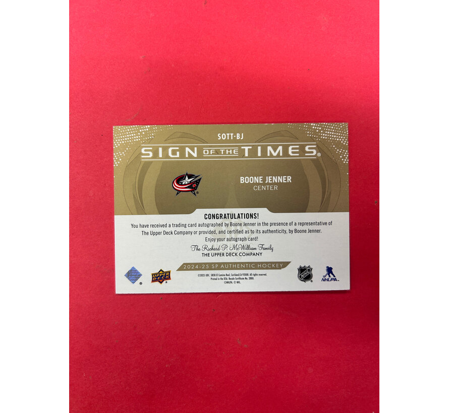 2024-25 SP AUTHENTIC BOONE JENNER SIGN OF THE TIMES BLACK INSCRIBED /99