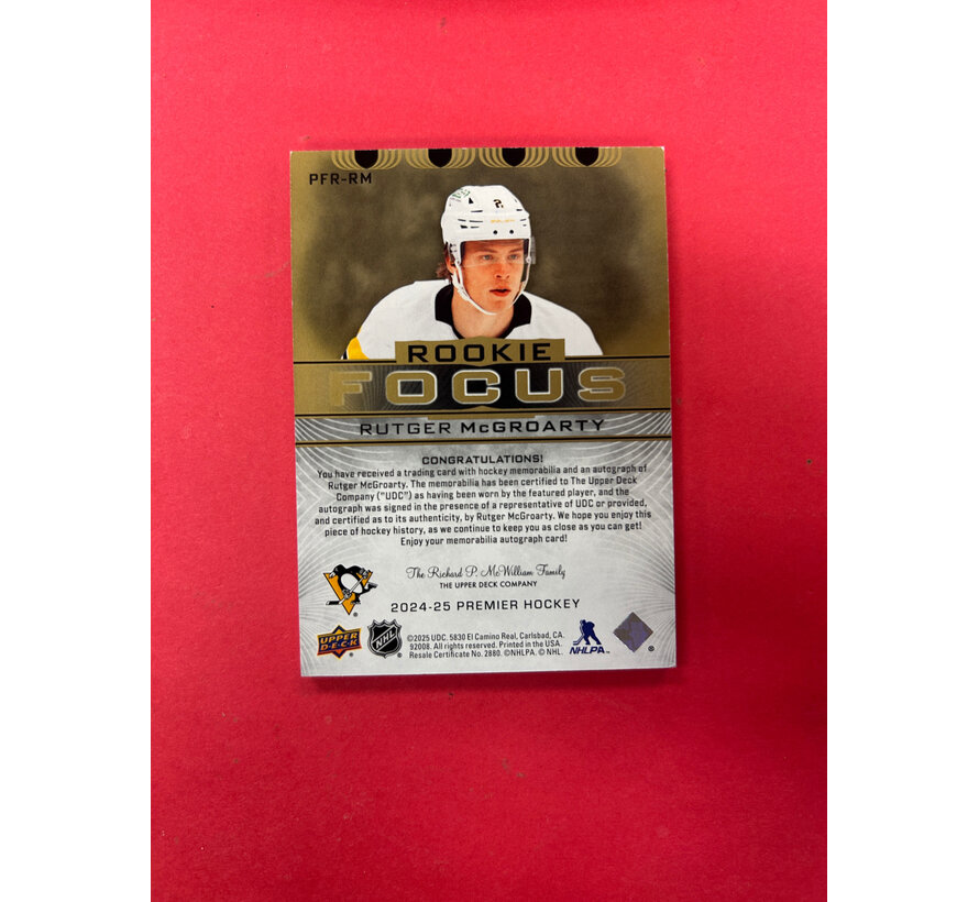 2024-25 UPPER DECK PREMIER RUTGER MCGROARTY ROOKIE FOCUS GOLD PATCH AUTO /49
